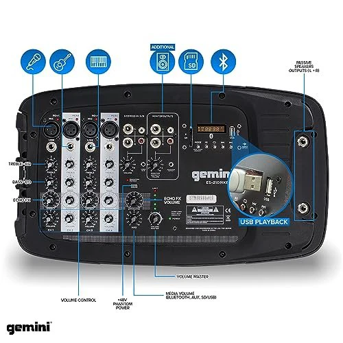 Gemini Sound ES-210MXBLU portable PA system — 300W peak, dual 10" speakers, 6-channel powered mixer - Image 4