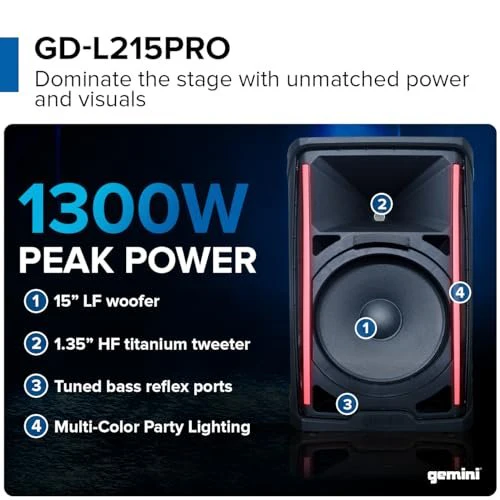 Gemini Sound GD-L215PRO professional PA speaker with Bluetooth and LED party lighting — 600W peak, 15" woofer, 3-channel mixer - Image 4