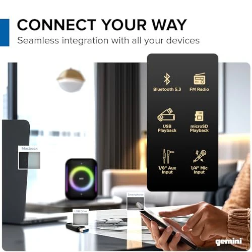 Gemini Sound GRV-650L portable Bluetooth party speaker with LED lights — 160W peak, 6.5" woofer, 10-hour battery - Image 4