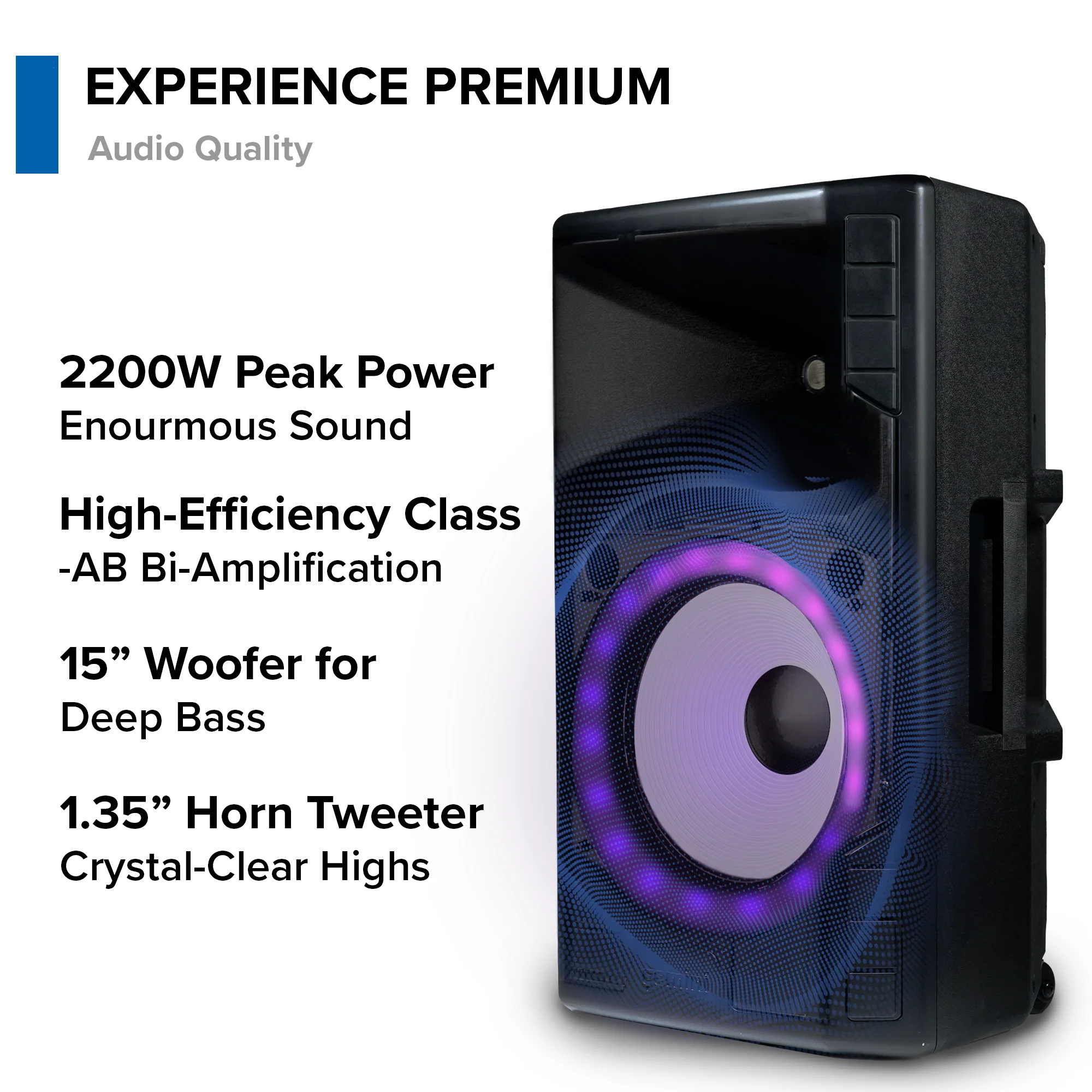 Gemini Sound GSP-L5500PK 15" active Bluetooth PA speaker with LED lights, stand, and mic — 500W peak, 250W RMS, 126dB max SPL - Image 3