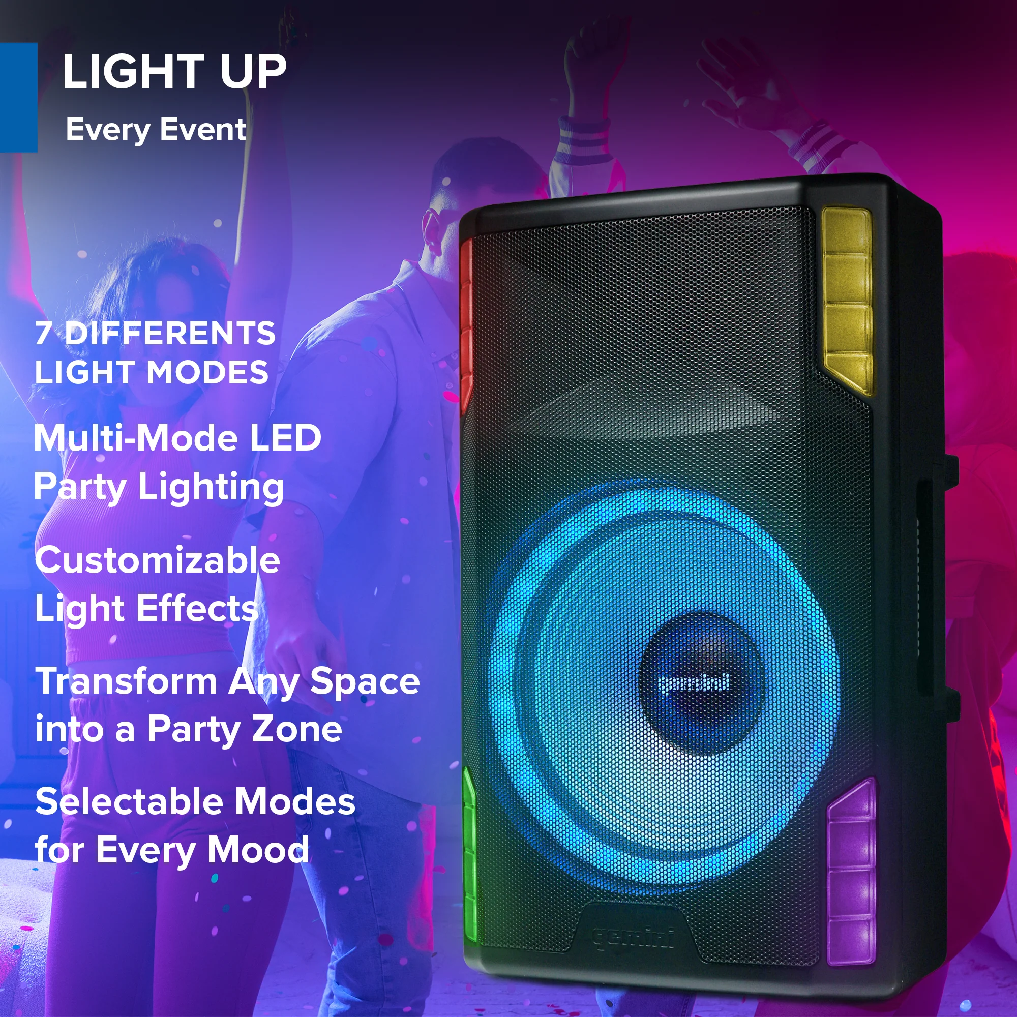 Gemini Sound GSP-L5500PK 15" active Bluetooth PA speaker with LED lights, stand, and mic — 500W peak, 250W RMS, 126dB max SPL - Image 4