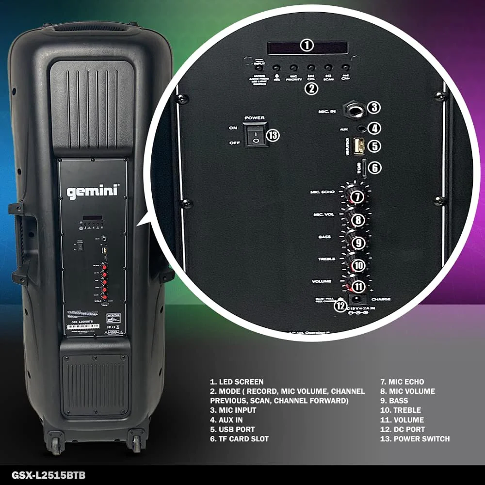 Gemini Sound GSX-L2515BTB portable Bluetooth party speaker with dual 15" woofers — 2000W peak, 10-hr battery, LED party lights - Image 2
