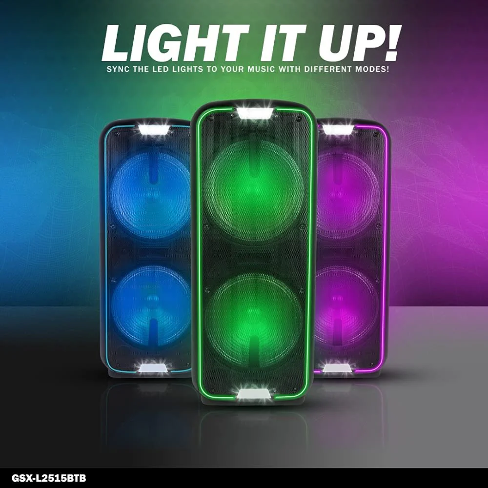 Gemini Sound GSX-L2515BTB portable Bluetooth party speaker with dual 15" woofers — 2000W peak, 10-hr battery, LED party lights - Image 3