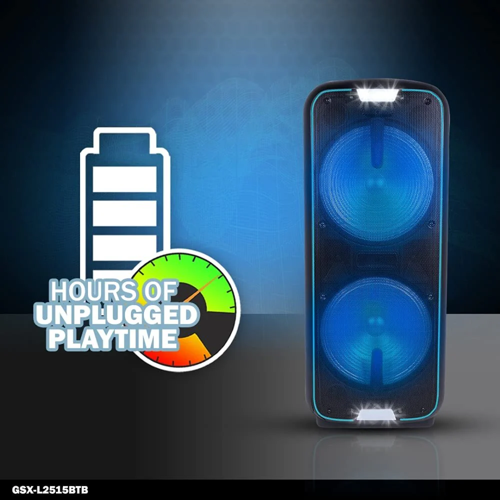 Gemini Sound GSX-L2515BTB portable Bluetooth party speaker with dual 15" woofers — 2000W peak, 10-hr battery, LED party lights - Image 4