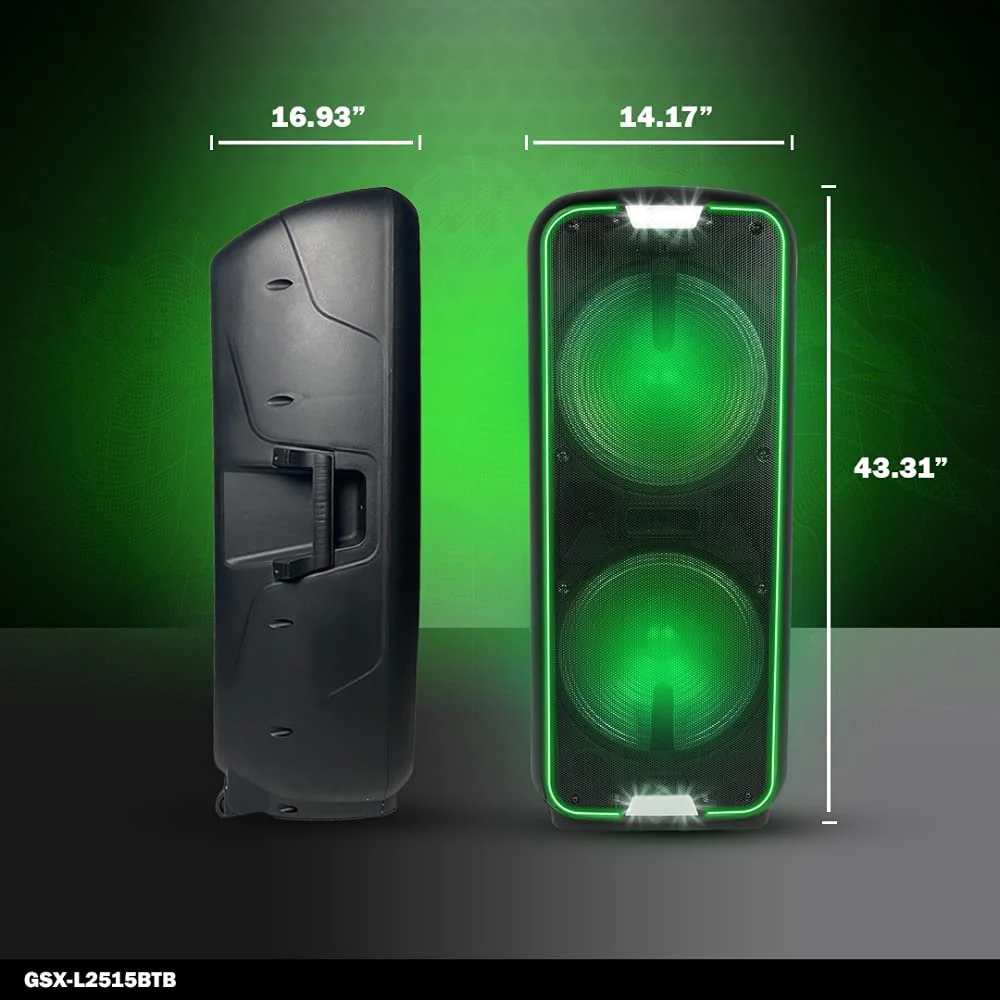Gemini Sound GSX-L2515BTB portable Bluetooth party speaker with dual 15" woofers — 2000W peak, 10-hr battery, LED party lights - Image 5