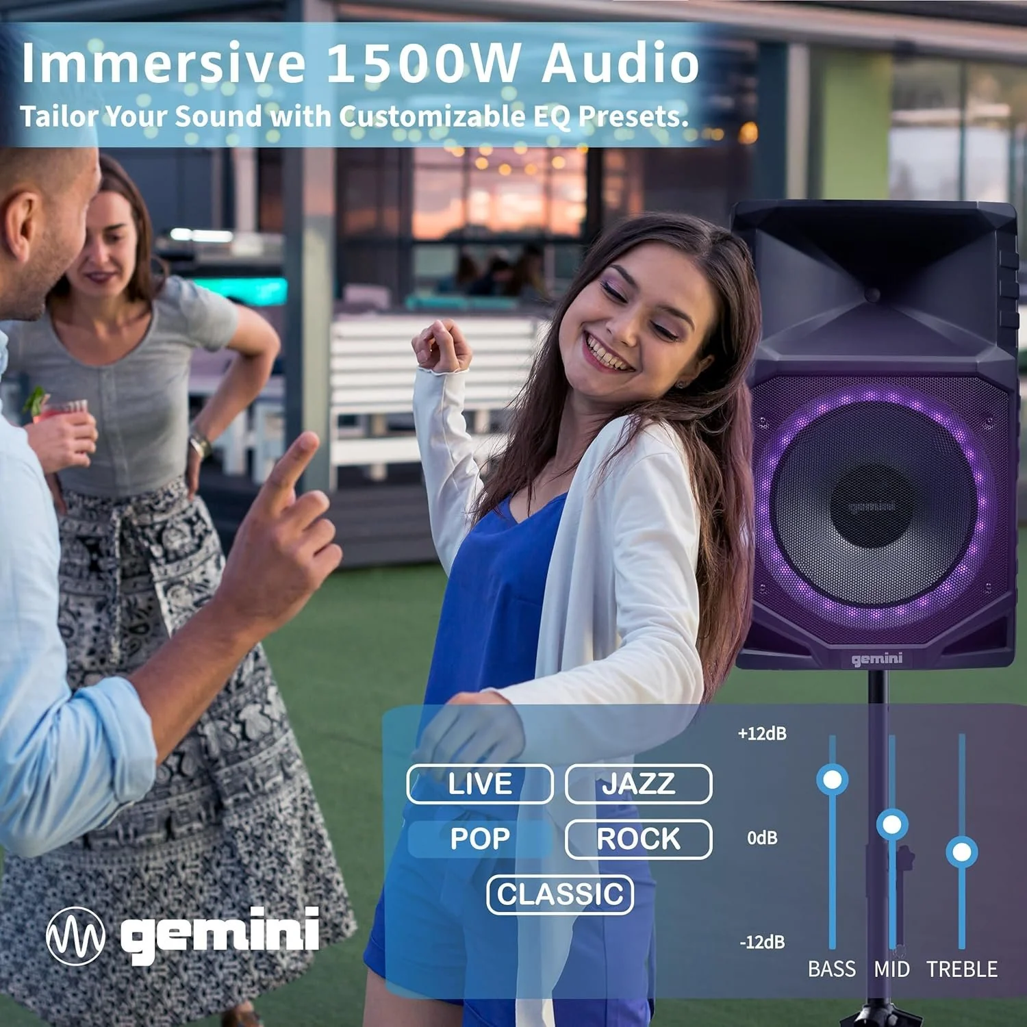 Gemini Sound GXP-T1500 portable Bluetooth PA speaker with LED lights — 270W peak, 15" woofer, IPX4 weatherproof - Image 2