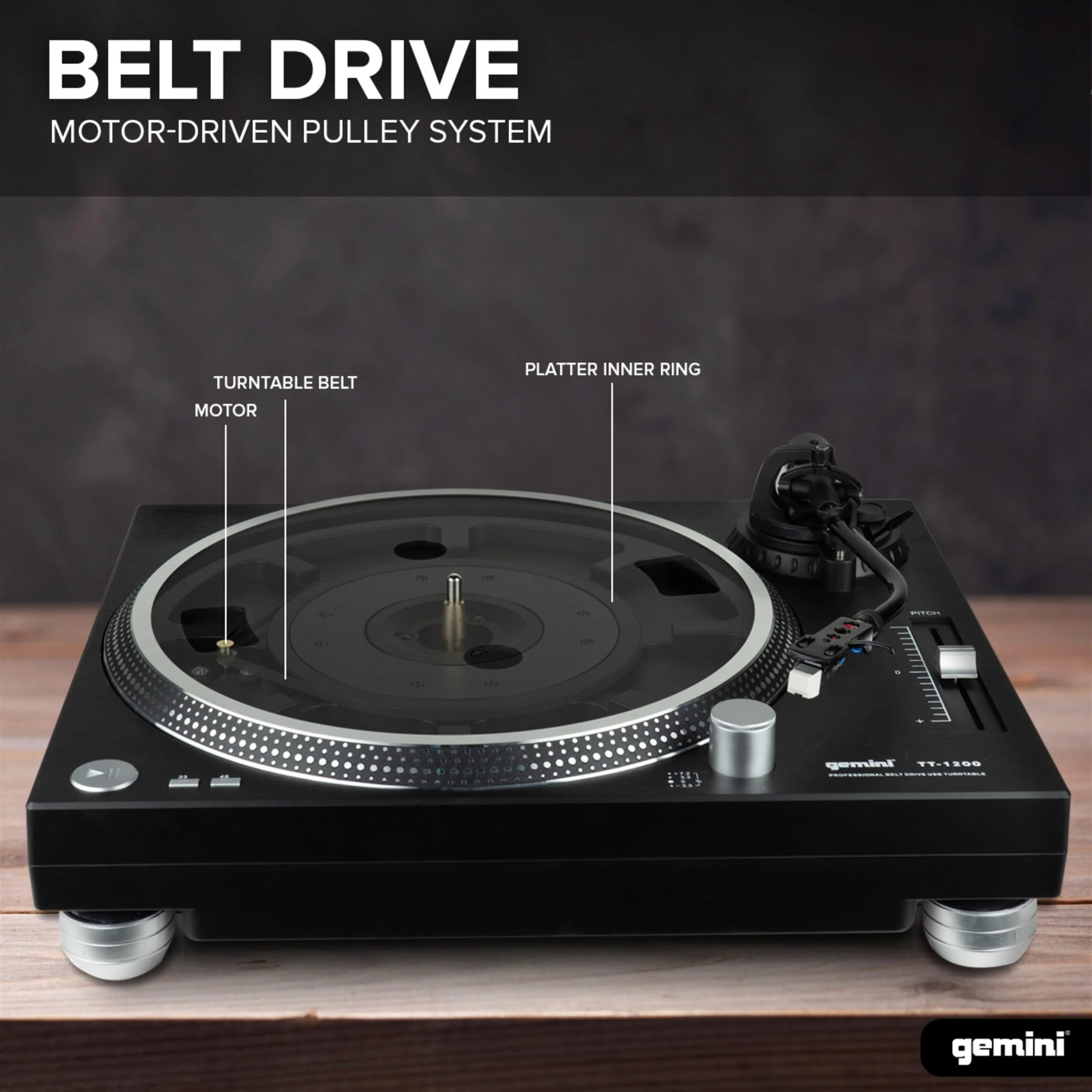 Gemini Sound TT-1200 belt-drive turntable with USB — 33/45 RPM, ±10% pitch, built-in phono preamp - Image 2