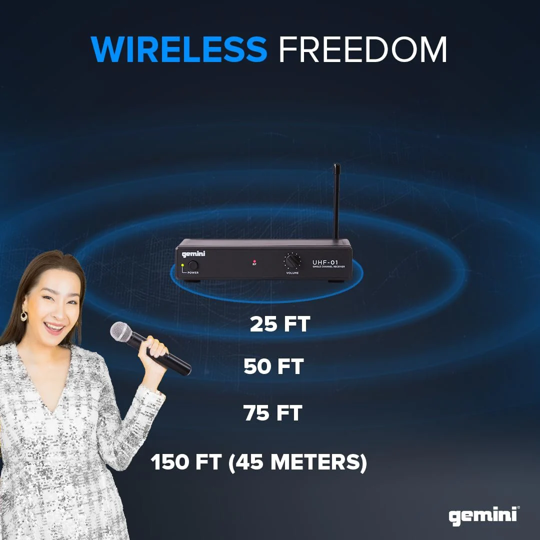 Gemini Sound UHF-01M wireless microphone system — 150 ft range, 533.7 MHz UHF, handheld dynamic mic - Image 3