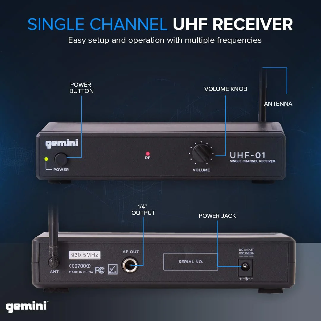 Gemini Sound UHF-01M wireless microphone system — 150 ft range, 533.7 MHz UHF, handheld dynamic mic - Image 4