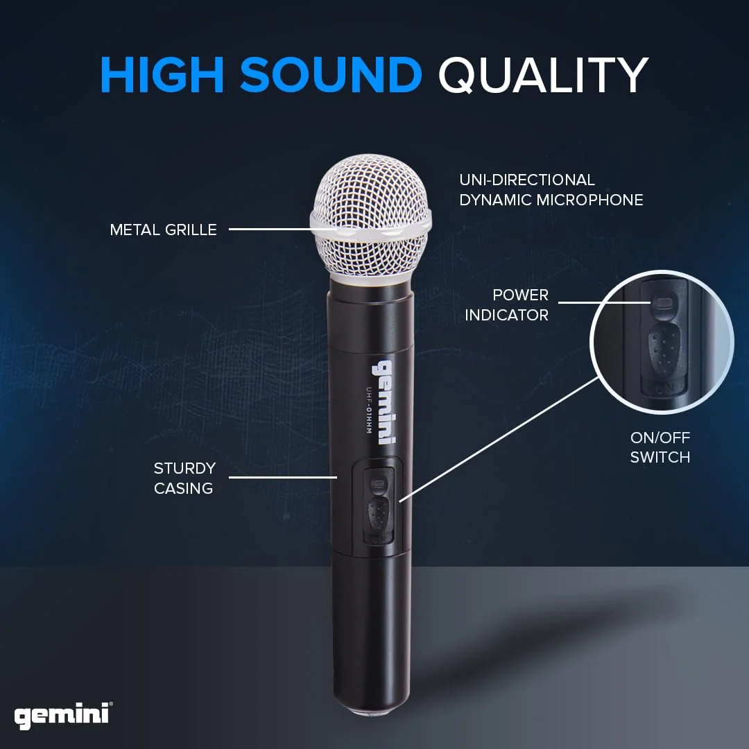 Gemini Sound UHF-01M wireless microphone system — 150 ft range, 533.7 MHz UHF, handheld dynamic mic - Image 5