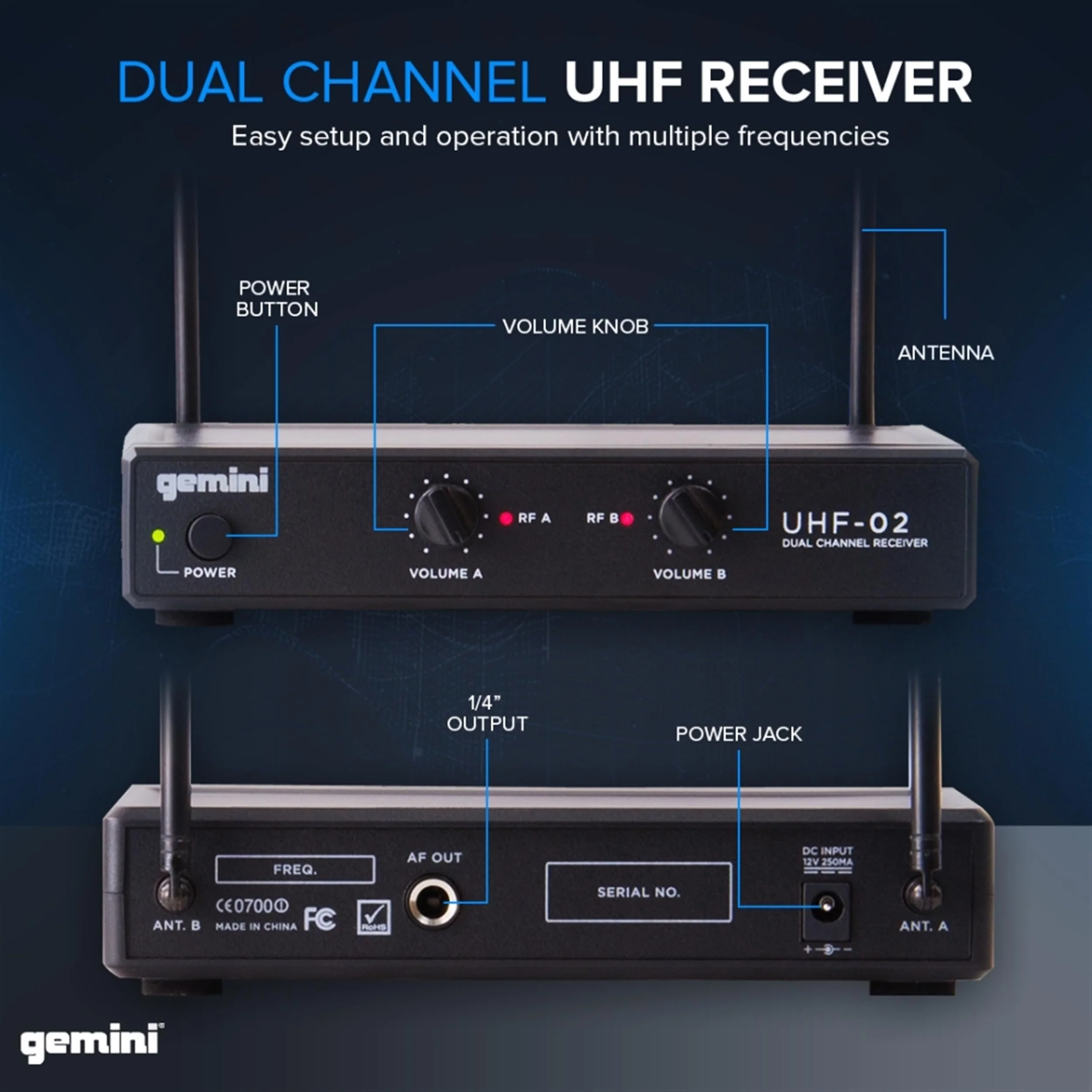 Gemini Sound UHF-02HL dual wireless headset and lavalier microphone system — 150 ft range, 2 receivers, 2 body packs - Image 4