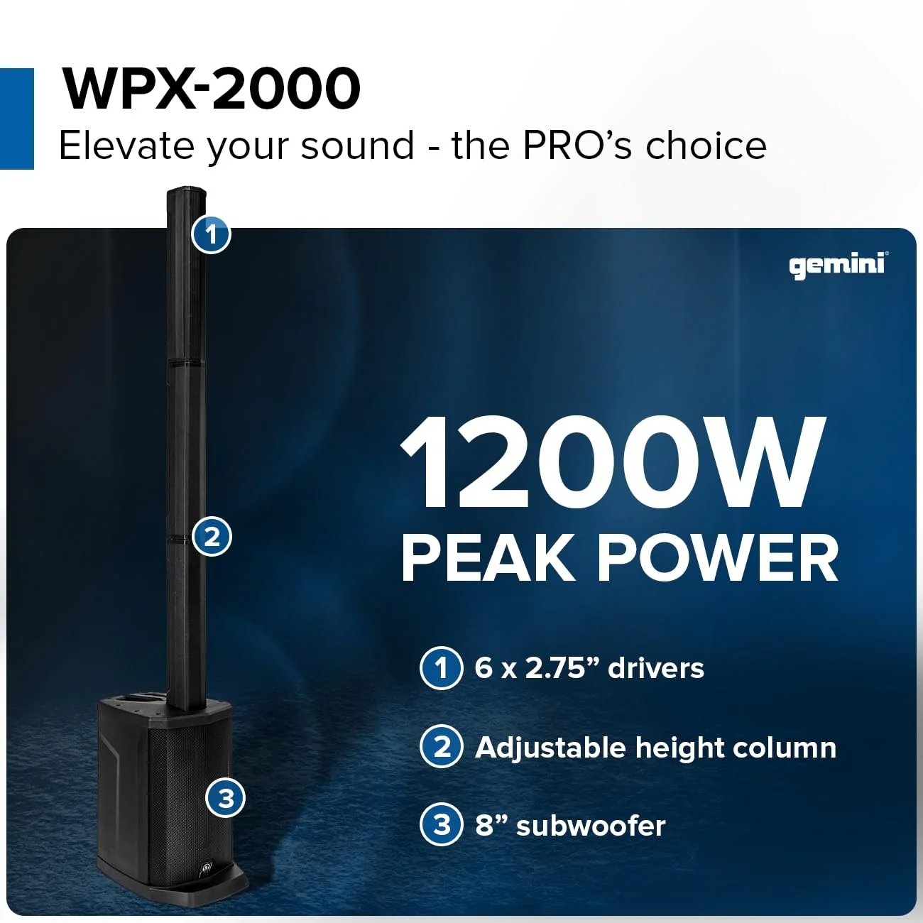 Gemini Sound WPX-2000 portable column array PA system — 600W peak, 8" subwoofer, 73" tall - Image 2