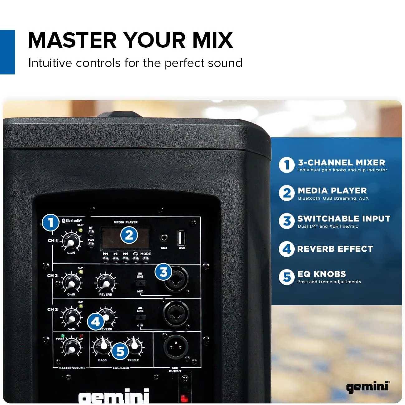 Gemini Sound WPX-2000 portable column array PA system — 600W peak, 8" subwoofer, 73" tall - Image 5